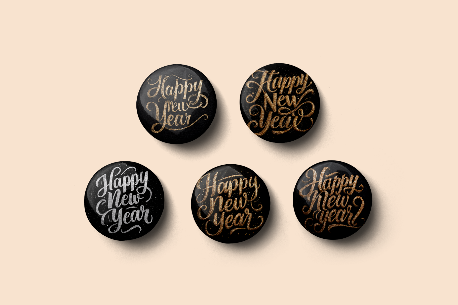 Five 'Happy New Year' buttons on a beige background