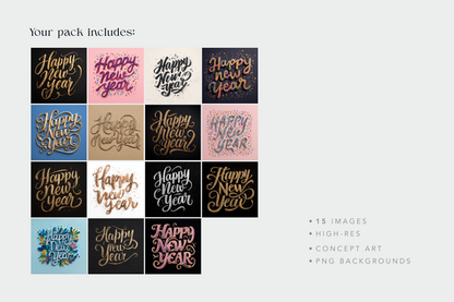 Collection of 'Happy New Year' card designs in various colors on a light gray background.