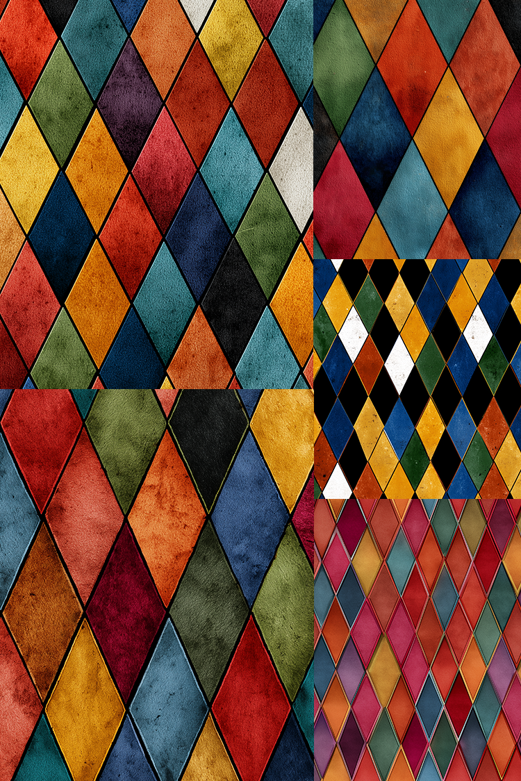 A multicolor harlequin diamond pattern collage with textured diamond tiles in red, orange, yellow, blue, green, black, and white, arranged in a grid with a smaller patterned panel on the right.