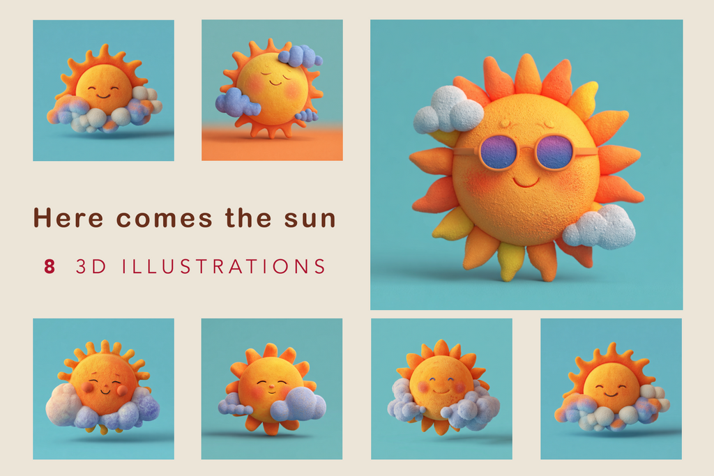 Set of 8 3D illustrations of a cartoon sun character with clouds on a beige background.