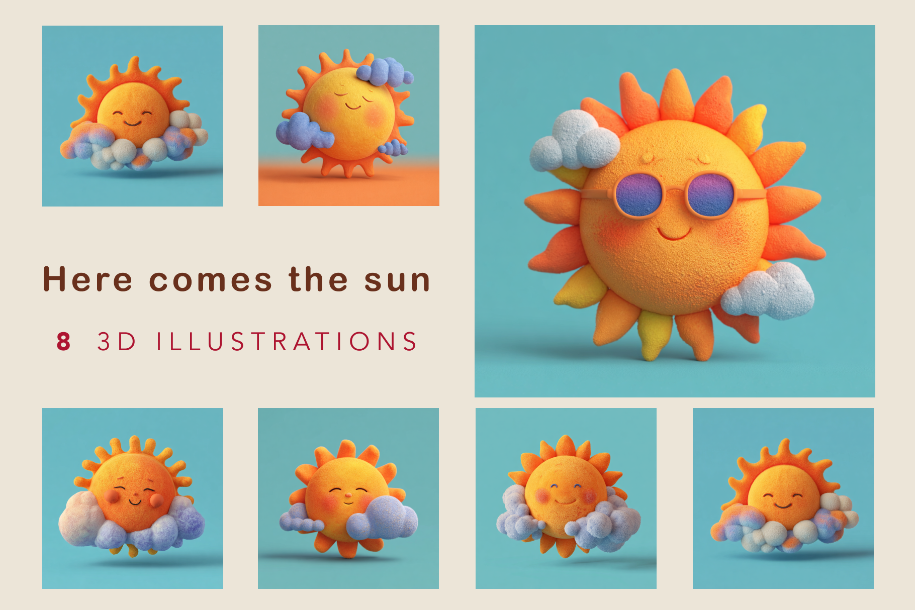 Set of 8 3D illustrations of a cartoon sun character with clouds on a beige background.