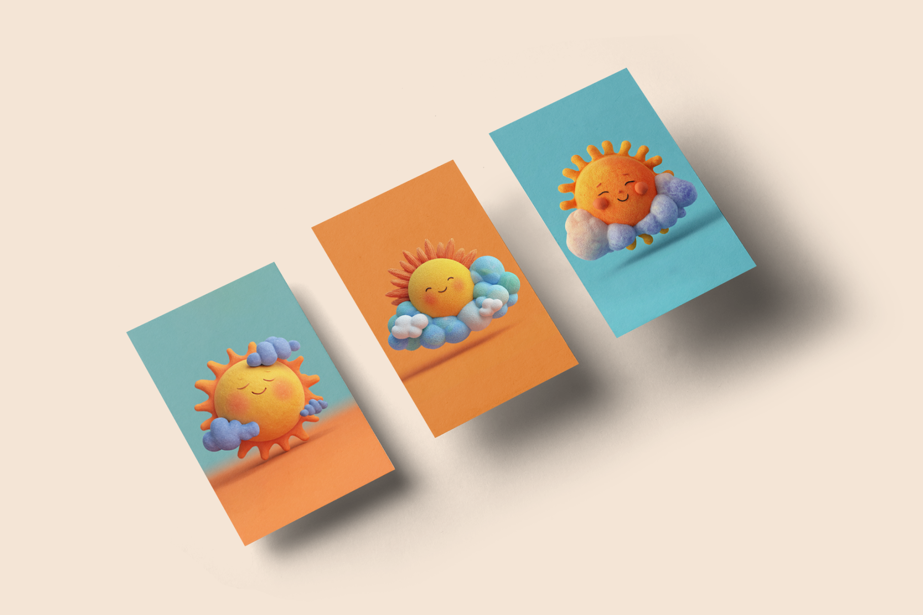 Three small boxes with sun designs on a beige background
