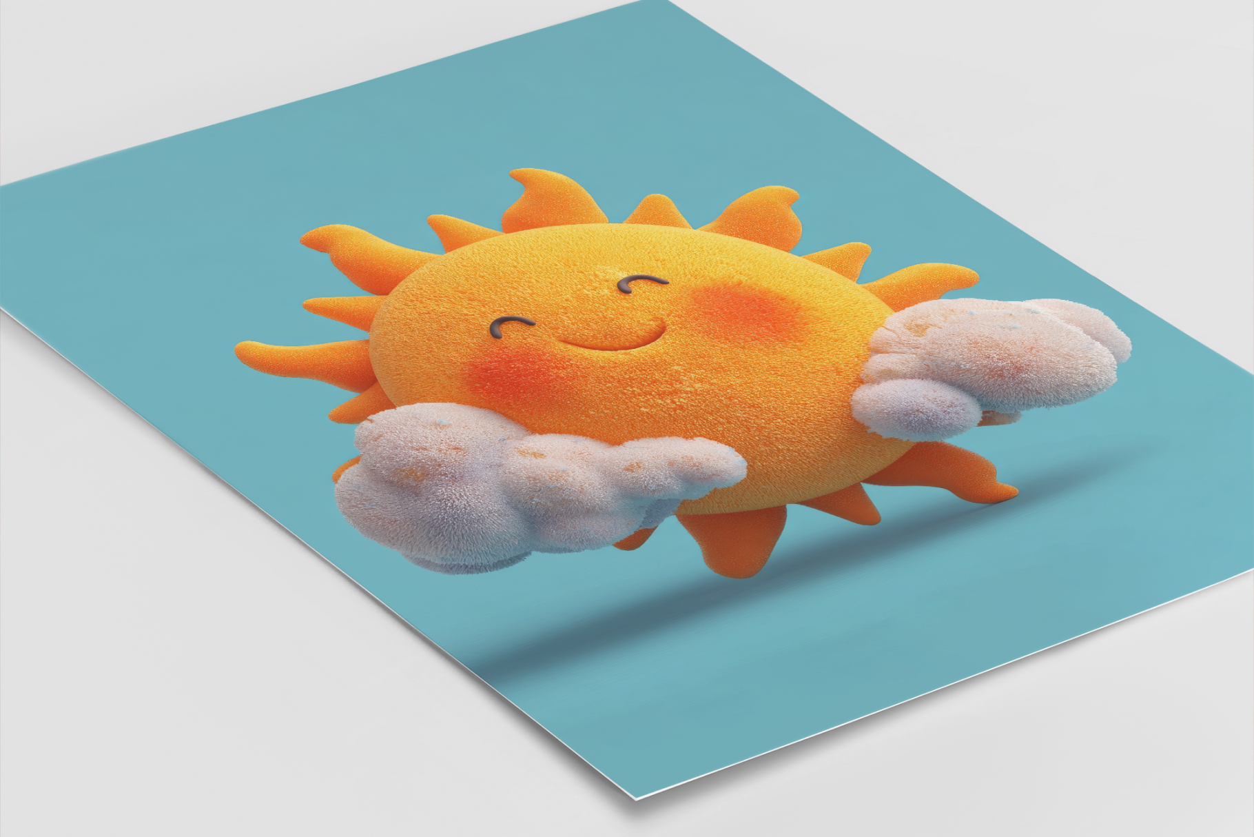 Plush sun toy with a cloud on a blue background