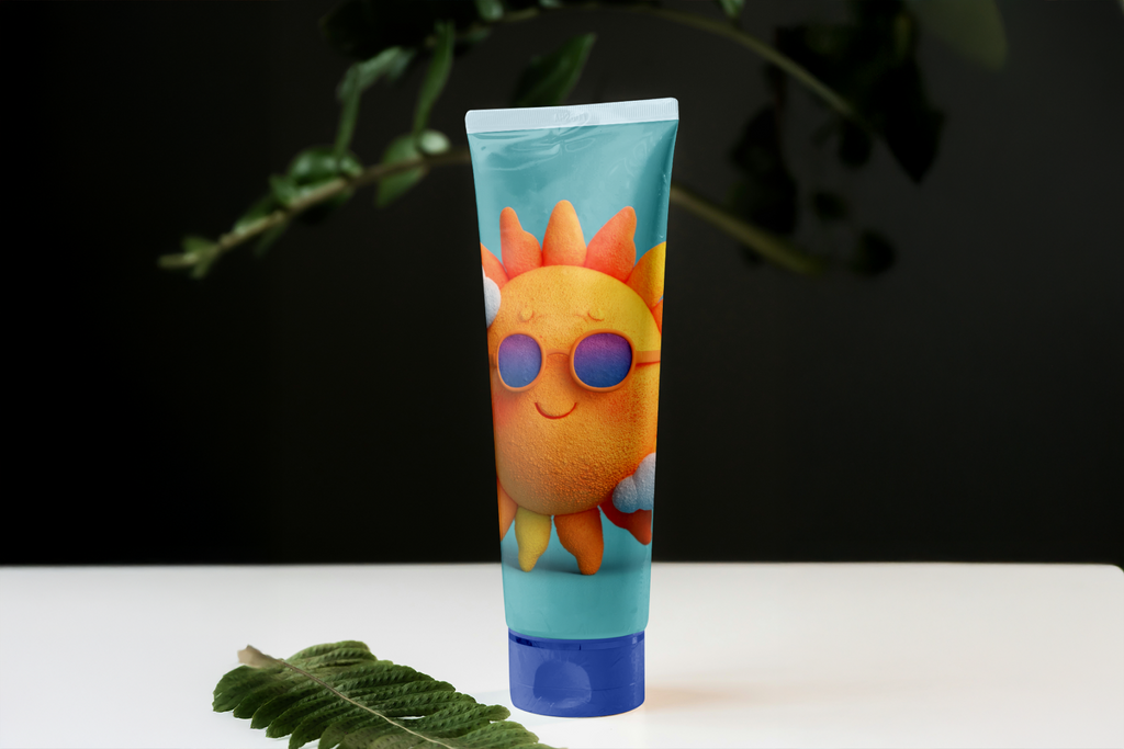 Tube of sunscreen with a cartoon sun design on a white surface with green leaves.