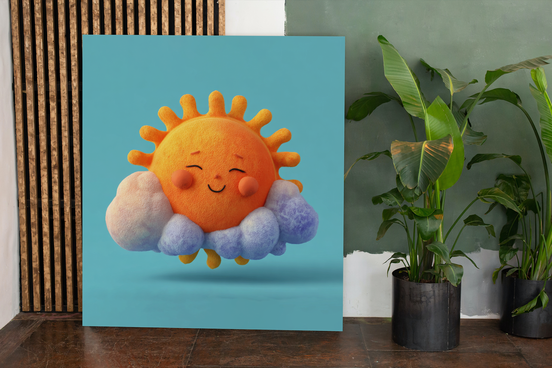 Felt sun and cloud decoration on a blue background with plants in the background.