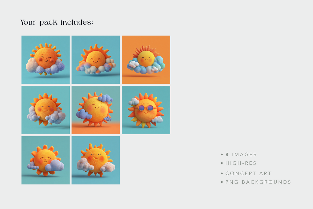 Set of six sun character illustrations with clouds on a light gray background.