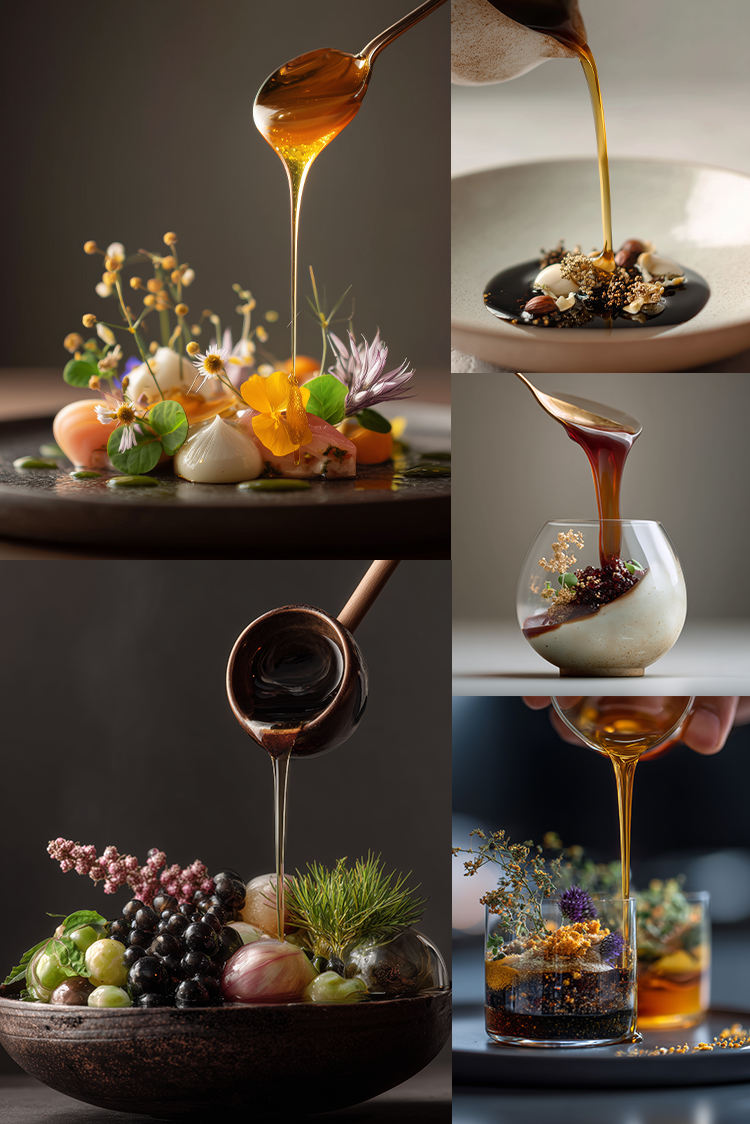 A six-panel collage showcasing gourmet food presentations and syrup pouring. The panels feature beautifully plated dishes with colorful fruits, herbs, and flowers, alongside elegant glassware and cups being drizzled with rich amber-colored syrup.
