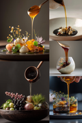 A six-panel collage showcasing gourmet food presentations and syrup pouring. The panels feature beautifully plated dishes with colorful fruits, herbs, and flowers, alongside elegant glassware and cups being drizzled with rich amber-colored syrup.