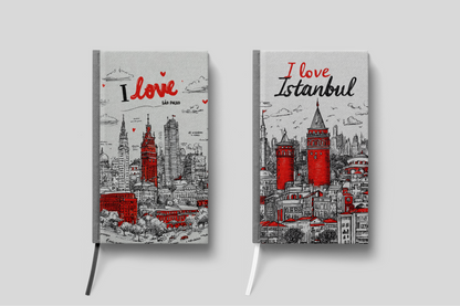 Two notebooks with cityscape designs and 'I love Istanbul' text on a light gray background