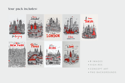 Pack of nine city-themed cards with illustrations and text on a white background