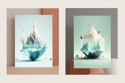 Posters of icebergs overlaid a minimalist interior design background.