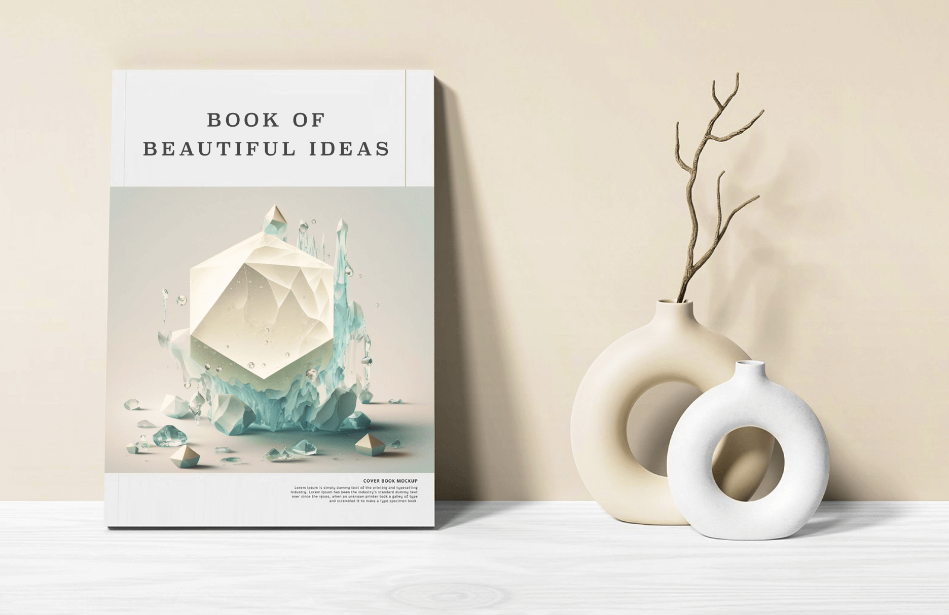 a book cover of an iceberg laying over a minimalist wall with vases beside it.