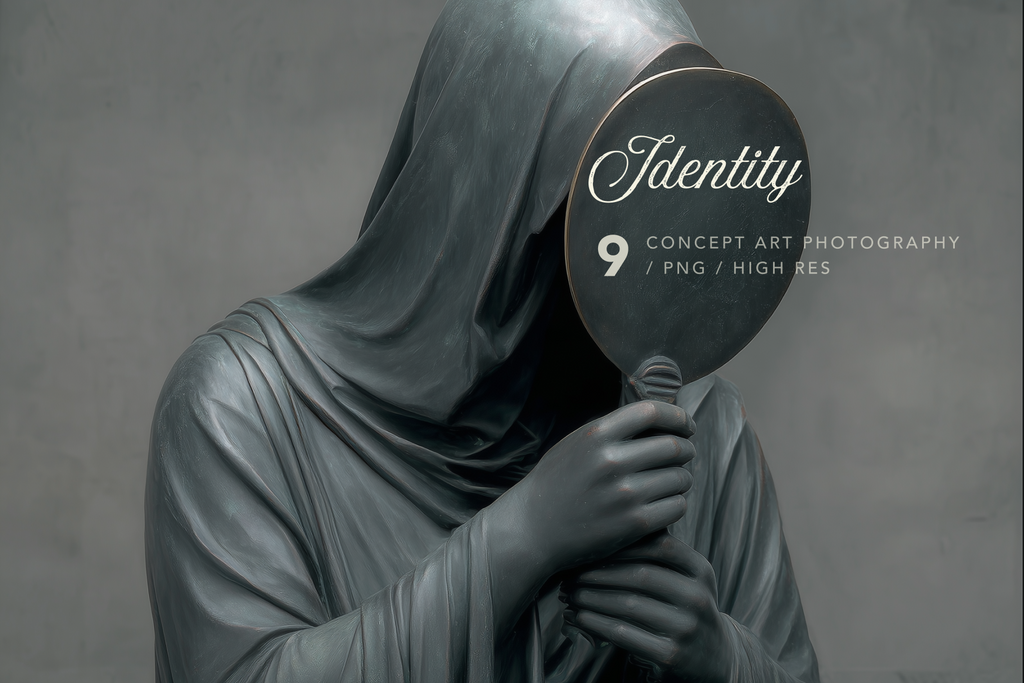A monochrome concept art photograph of a hooded figure holding a round mirror, with the word 'Identity' and the text '9 CONCEPT ART PHOTOGRAPHY / PNG / HIGH RES' overlaid on the mirror. The entire scene is rendered in cool gray tones against a textured gray background.