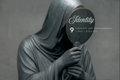 A monochrome concept art photograph of a hooded figure holding a round mirror, with the word 'Identity' and the text '9 CONCEPT ART PHOTOGRAPHY / PNG / HIGH RES' overlaid on the mirror. The entire scene is rendered in cool gray tones against a textured gray background.