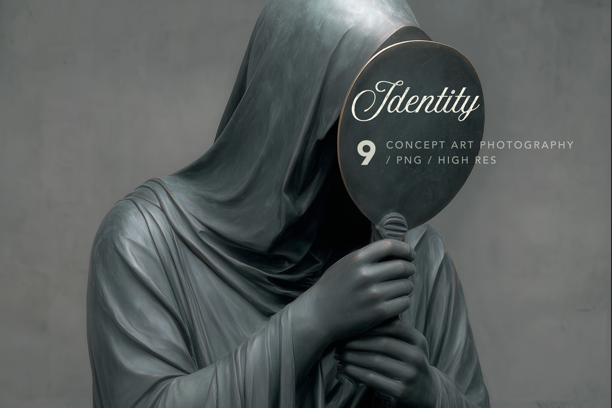 A monochrome concept art photograph of a hooded figure holding a round mirror, with the word 'Identity' and the text '9 CONCEPT ART PHOTOGRAPHY / PNG / HIGH RES' overlaid on the mirror. The entire scene is rendered in cool gray tones against a textured gray background.