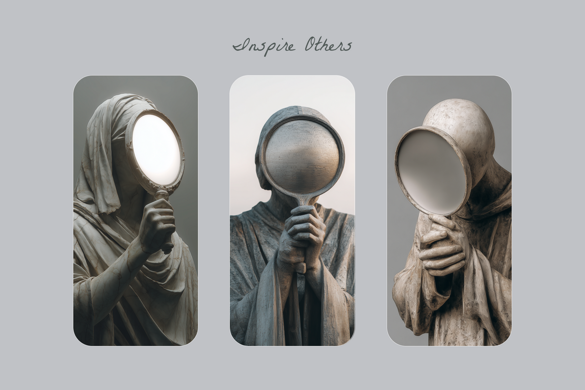 Three vertical rectangular panels with rounded corners on a light gray background, each showing a stone statue in draped robes holding a magnifying glass. The center panel is brighter and the top of the composition includes the words 'Inspire Others'.