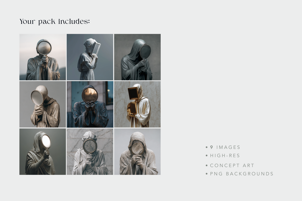 A promotional graphic for a digital art pack showing a 3x3 grid of concept art images of hooded figures with reflective masks or mirrors, alongside text stating 'Your pack includes:' and bullet points for '9 images', 'high-res', 'concept art', and 'png backgrounds'.
