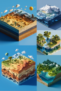 A collage of four isometric 3D landscape illustrations on a blue background, showing layered earth blocks with oceans, mountains, forests, rivers, and clouds in different colorways.