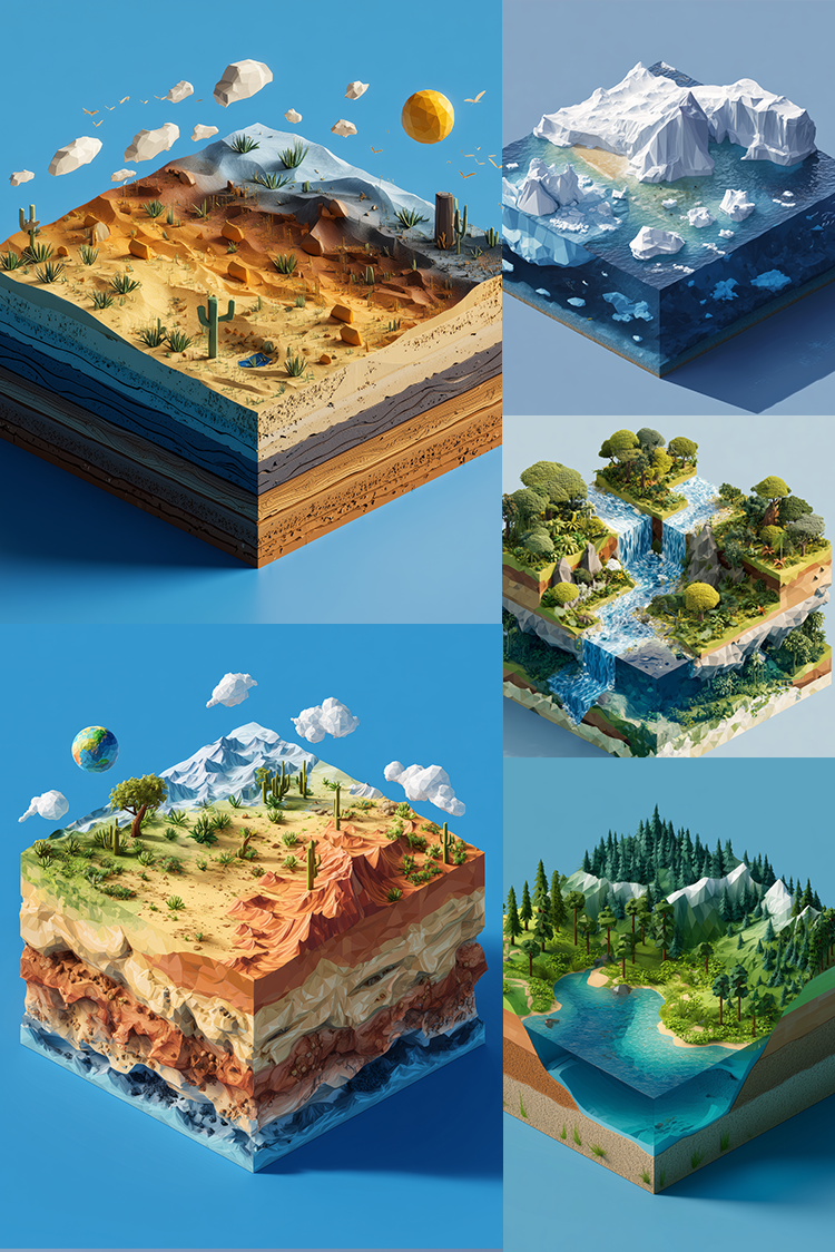 A collage of four isometric 3D landscape illustrations on a blue background, showing layered earth blocks with oceans, mountains, forests, rivers, and clouds in different colorways.