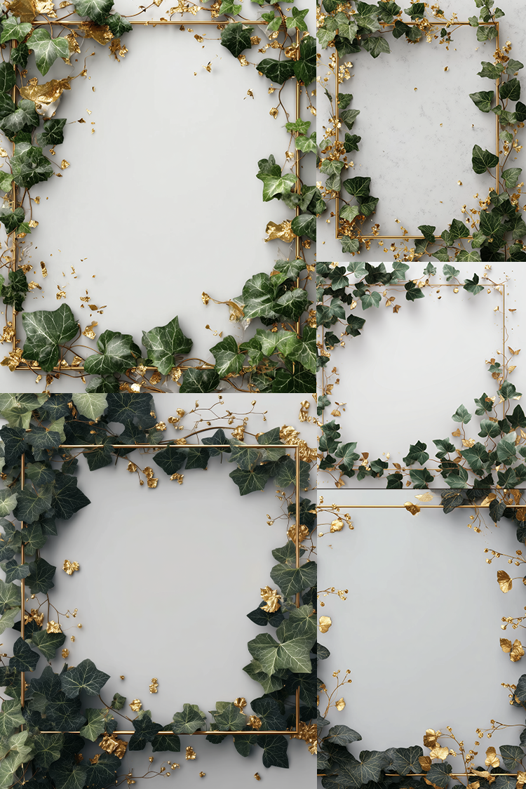 A collage of six square panels showing a decorative gold square frame bordered by green ivy leaves and scattered gold leaf pieces on a light gray background.