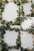 A collage of six square panels showing a decorative gold square frame bordered by green ivy leaves and scattered gold leaf pieces on a light gray background.
