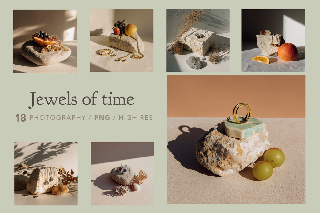 Collage of jewelry photos with 'Jewels of time' text and product details.