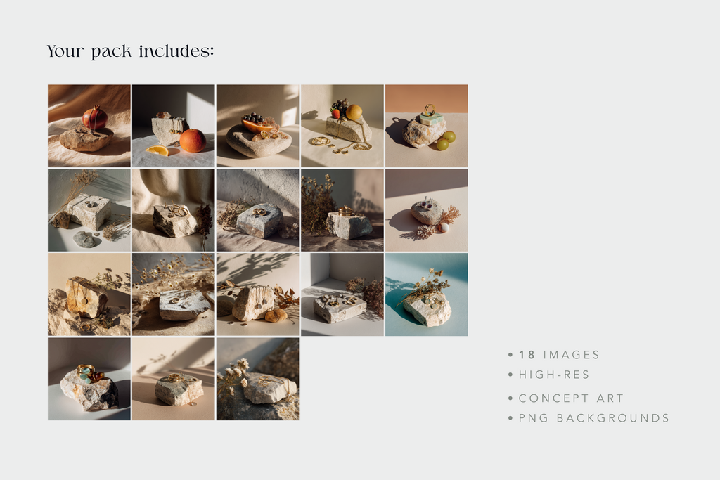 Collage of images with various objects on a neutral background, including text about image pack details.