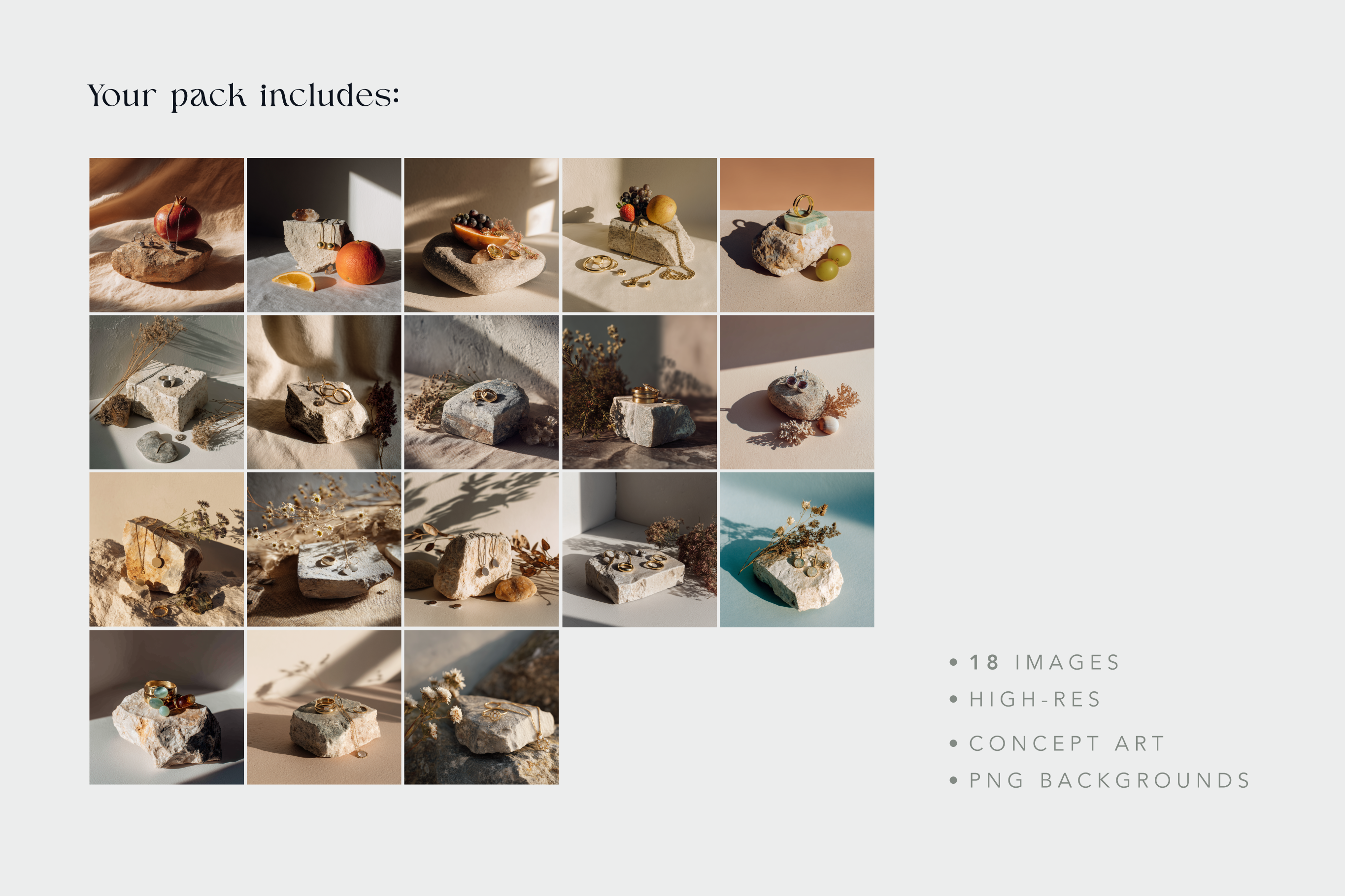 Collage of images with various objects on a neutral background, including text about image pack details.