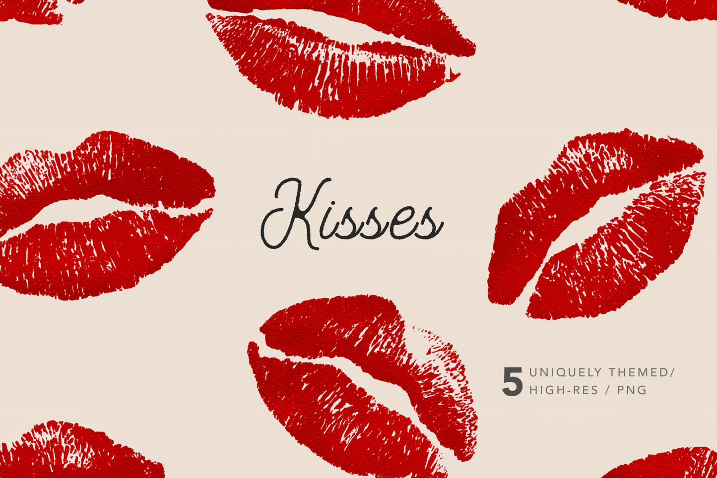 Pattern of red lipstick kisses on a beige background with the word 'Kisses'.