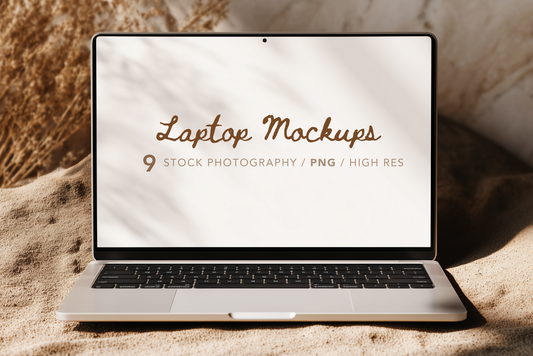 Laptop mockup with 'Laptop Mockups' text on a textured surface