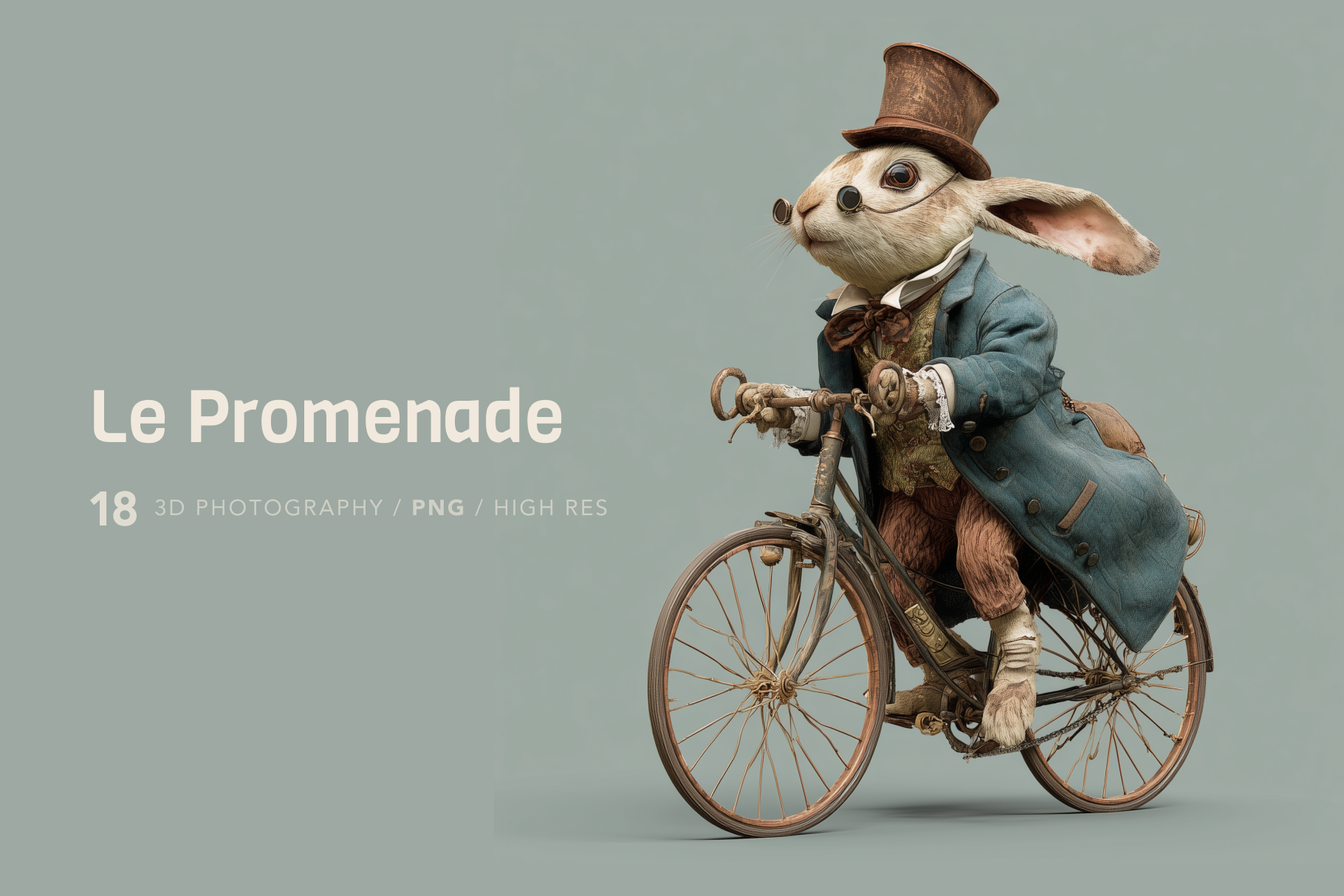 Animated rabbit character riding a bicycle with 'Le Promenade' branding on a gray background