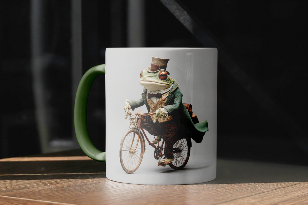 Mug with a frog wearing a top hat and riding a bicycle on a wooden surface.