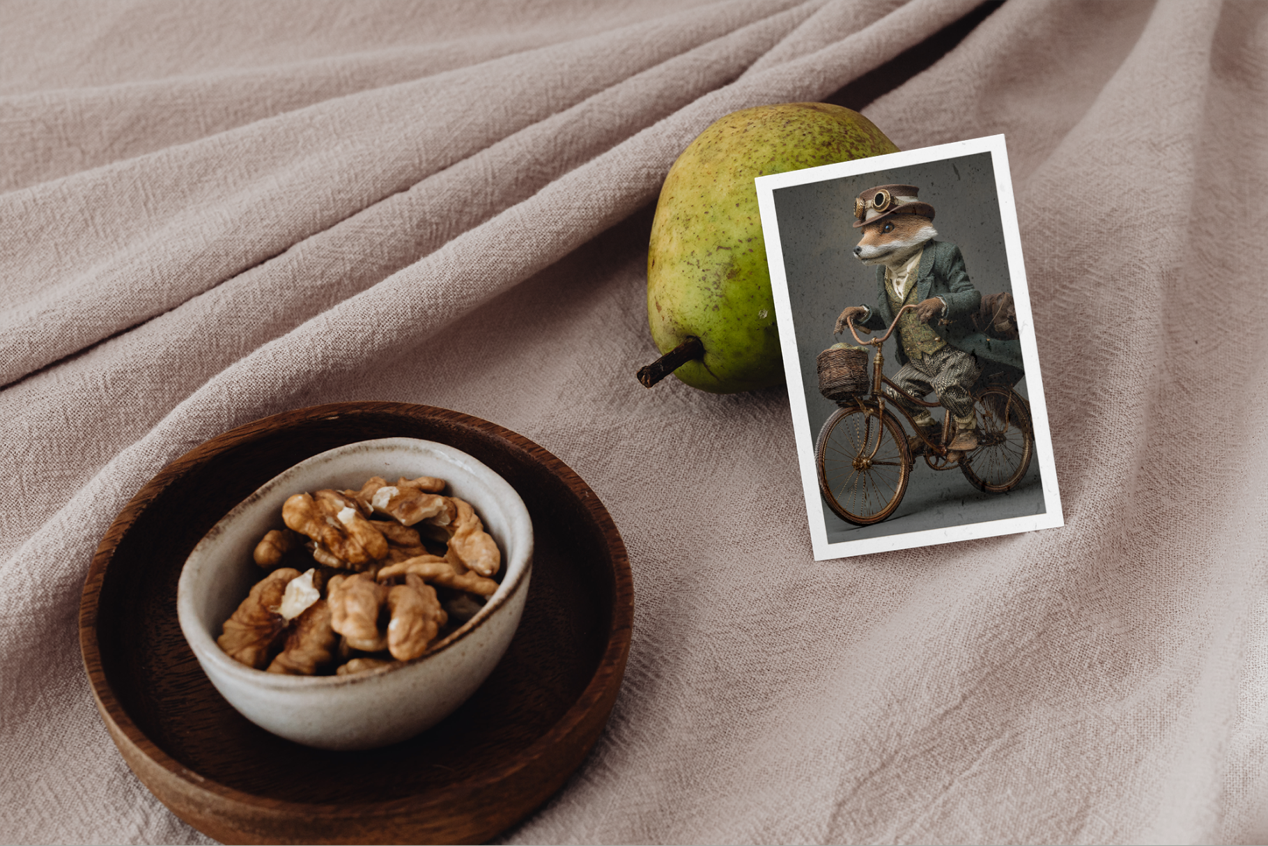 Bowl of nuts, pear, and vintage photo on a textured surface