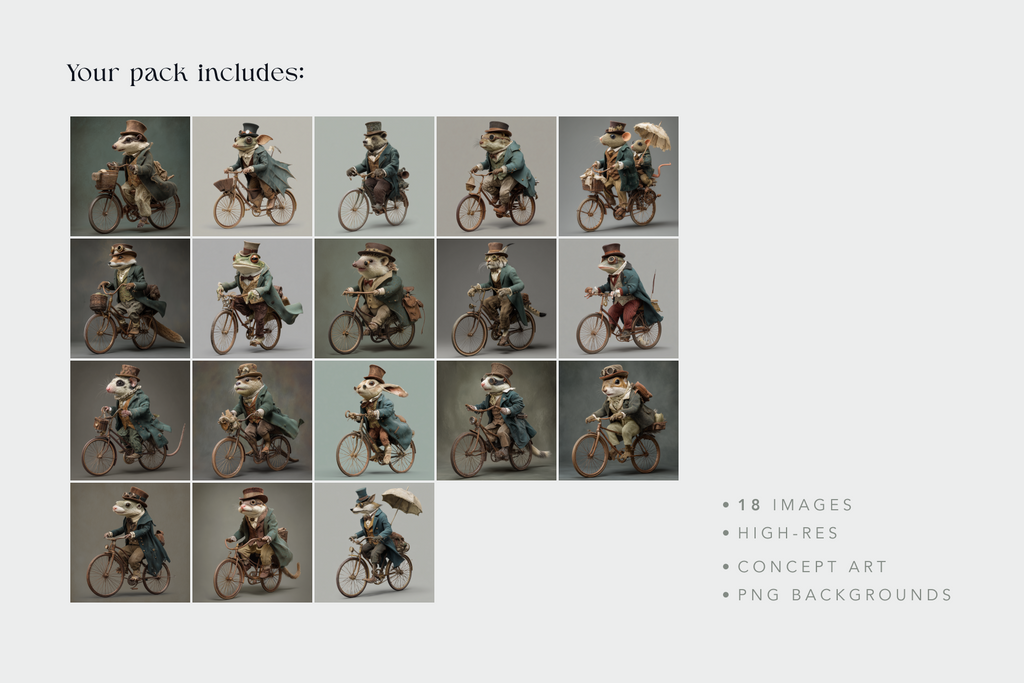 Grid of 18 images of a character on a bicycle with text indicating pack contents.