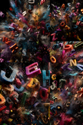A collage of six square panels showing colorful 3D letters and numbers exploding into a cloud of powder against a dark background.