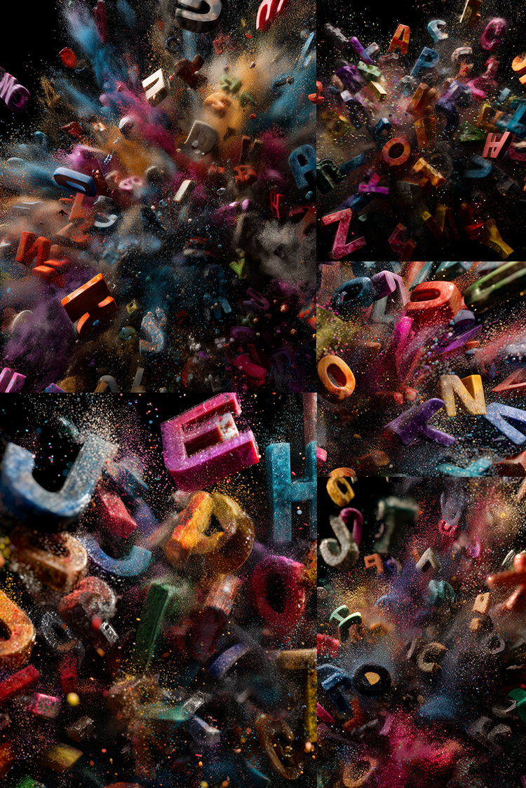 A collage of six square panels showing colorful 3D letters and numbers exploding into a cloud of powder against a dark background.