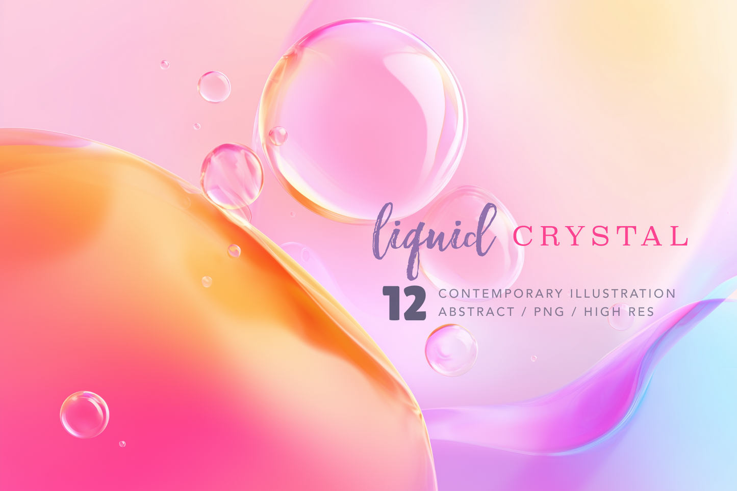 Colorful liquid crystal illustration with bubbles on a gradient background