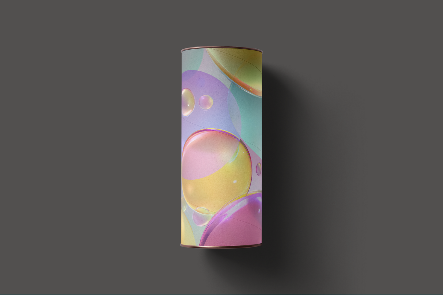 Cylindrical container with colorful bubble design on a dark gray background