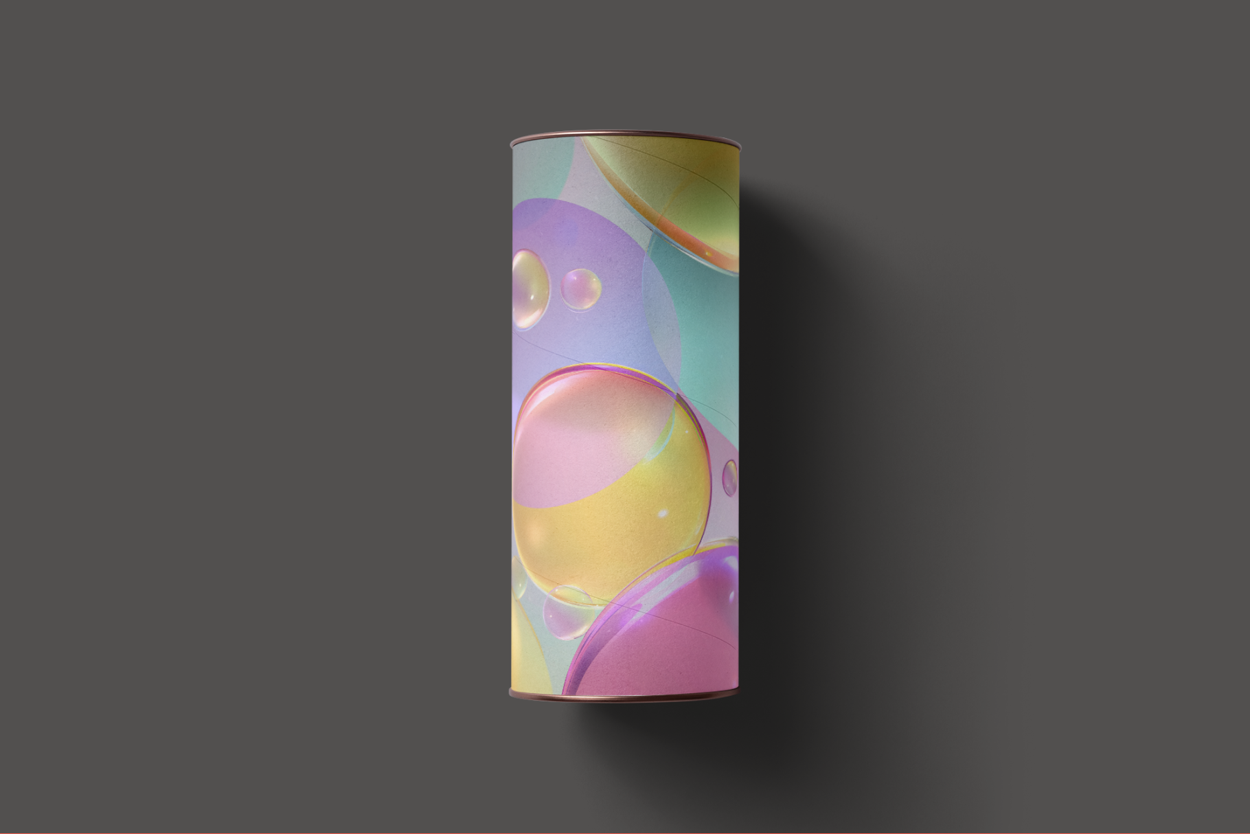 Cylindrical container with colorful bubble design on a dark gray background