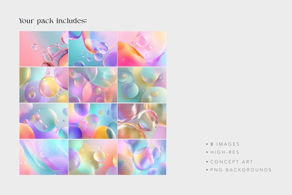 Grid of colorful abstract bubble images on a light gray background with text overlay.