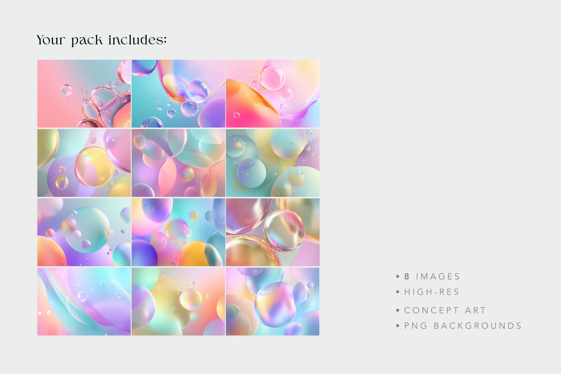 Grid of colorful abstract bubble images on a light gray background with text overlay.