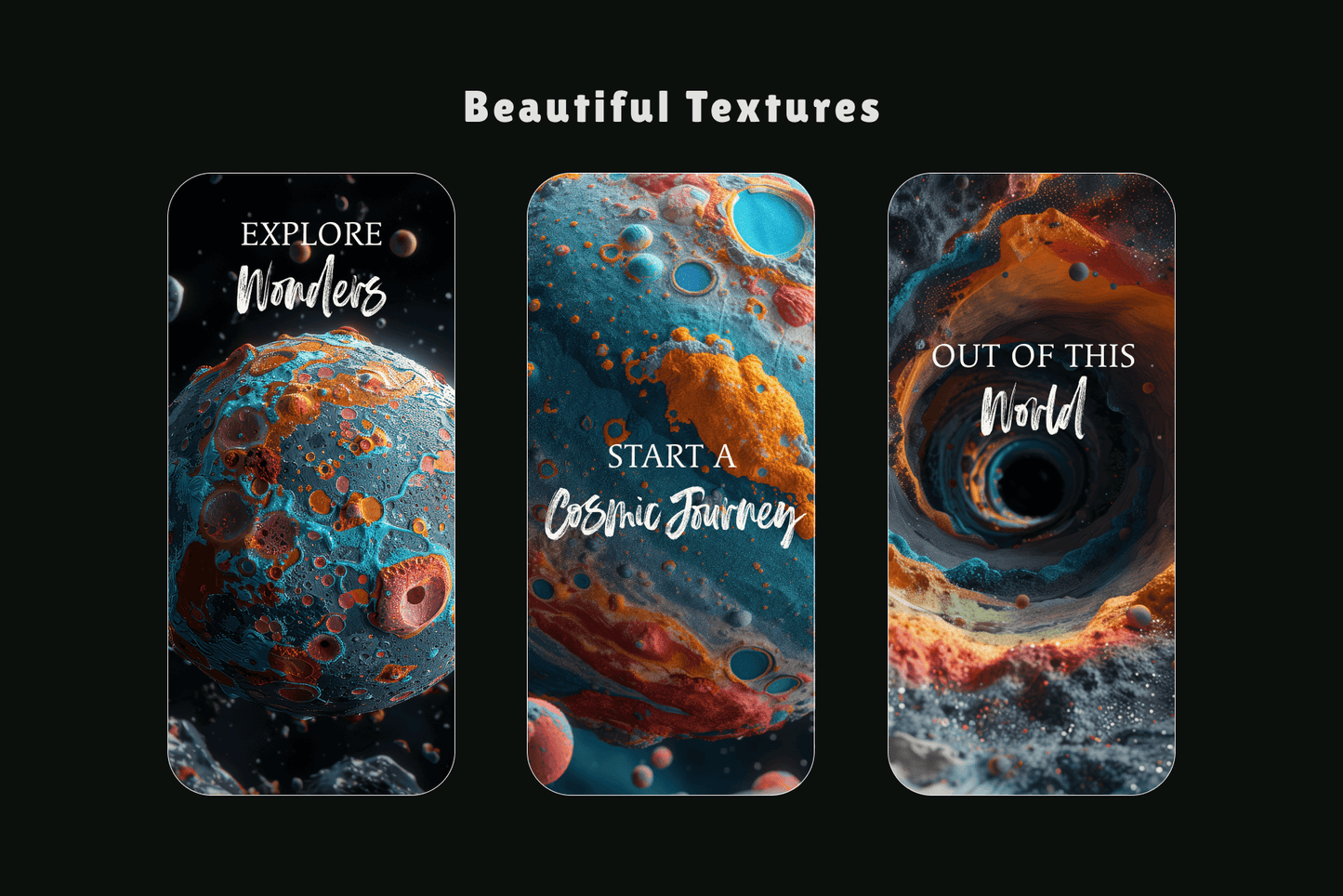 A series of planets with rough textures and vibrant colours