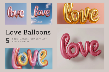 Collection of 'love' balloon text graphics in various colors on different backgrounds.