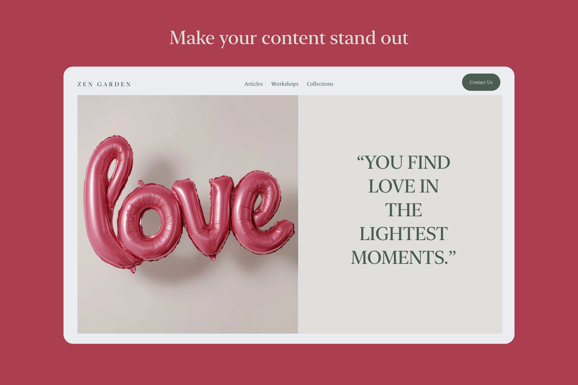 Pink 'love' balloons with a quote on a website interface, on a red background.