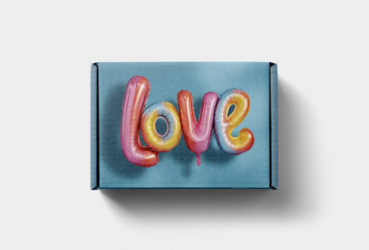 Blue box with 'LOVE' spelled out in colorful balloon letters on a light gray background