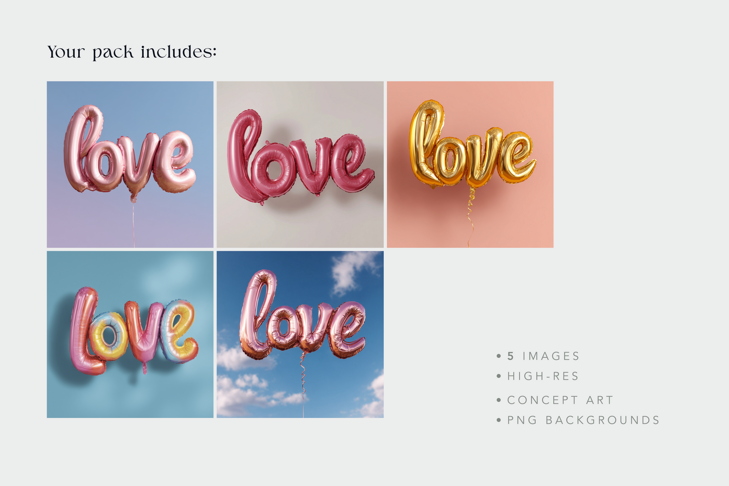 Five 'love' balloon images in different colors with a sky background.