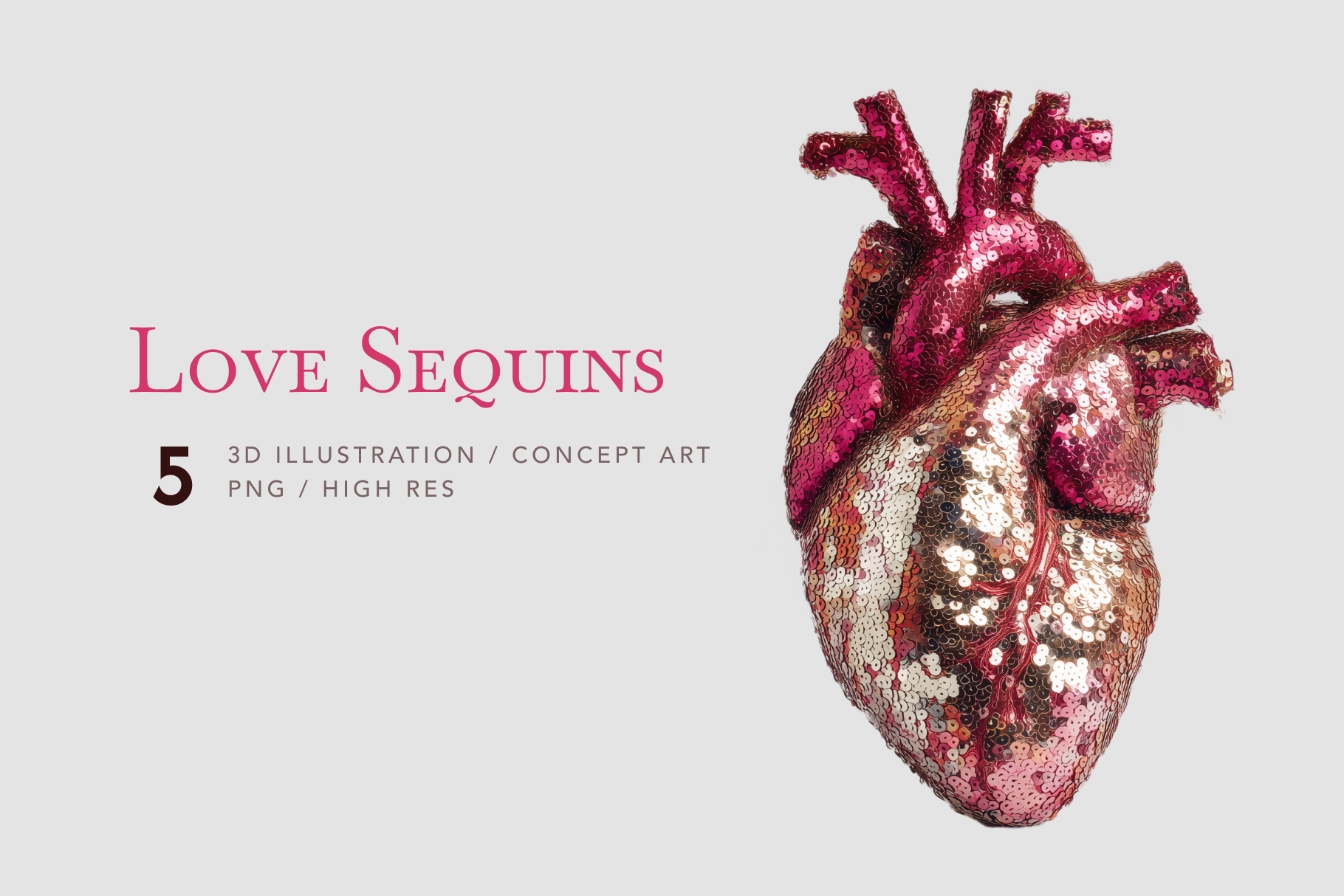 Sequined heart-shaped object with 'Love Sequins' text on a light gray background