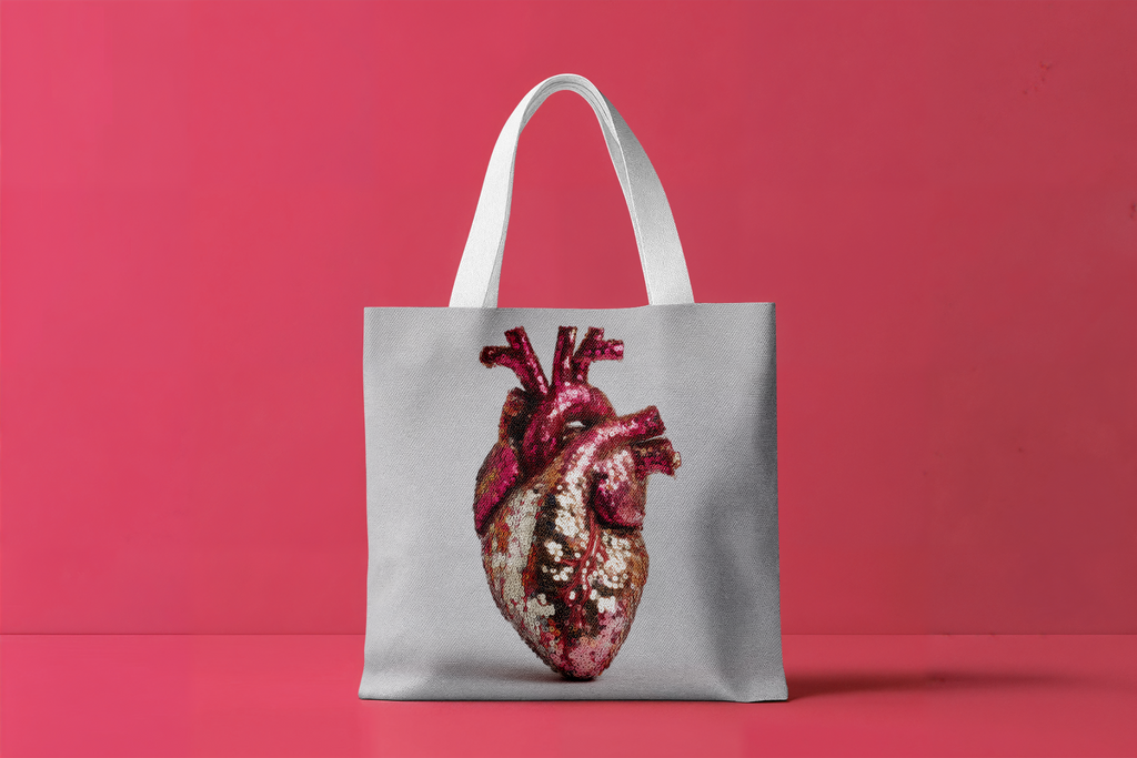 Tote bag with a heart design on a red background