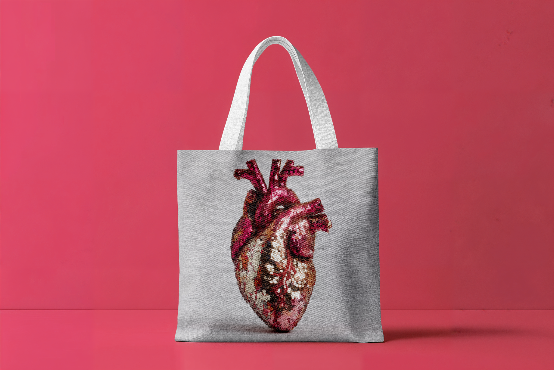 Tote bag with a heart design on a red background