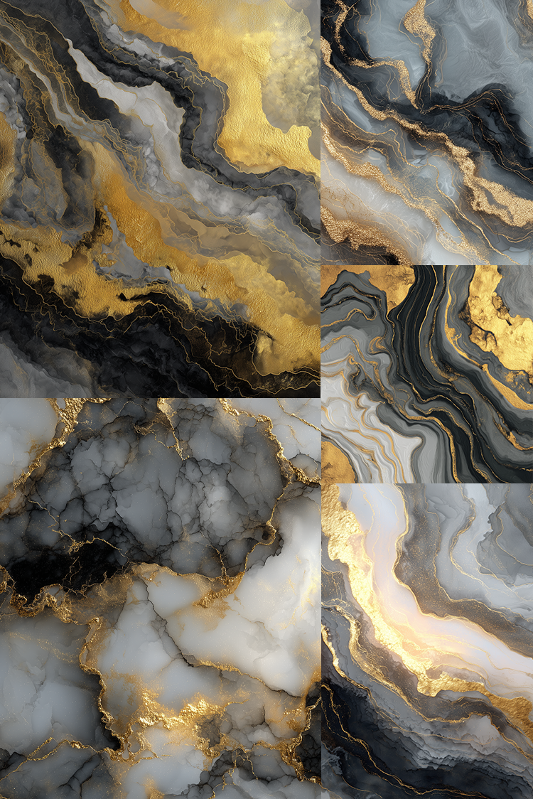 Six square panels showcasing different abstract marble textures with a luxurious blend of black, gray, white, and metallic gold veining.